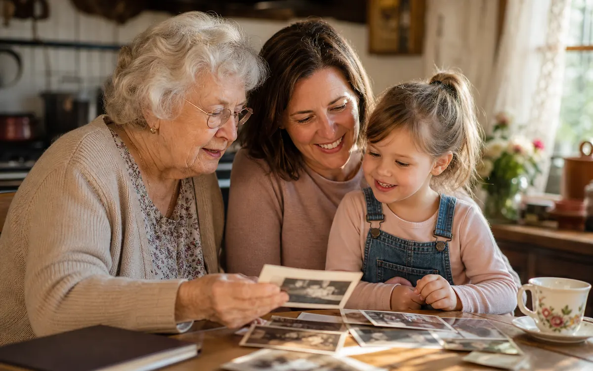 A family gathered together at a kitchen table.